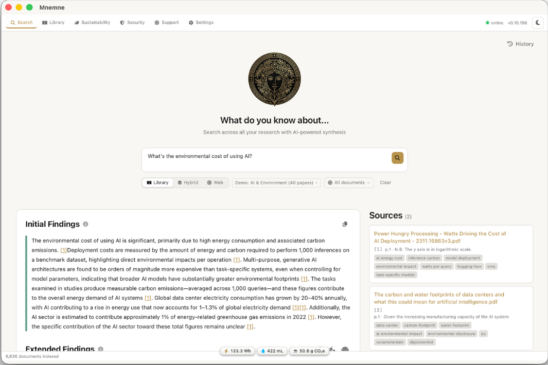 The Mnemne Search screen showing a cited briefing, each fact linked to the document and page it came from.
